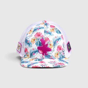 Lost Boy Creations Hokulea snapback hat with Hawaiian floral print, white mesh back, and pink embroidered logo