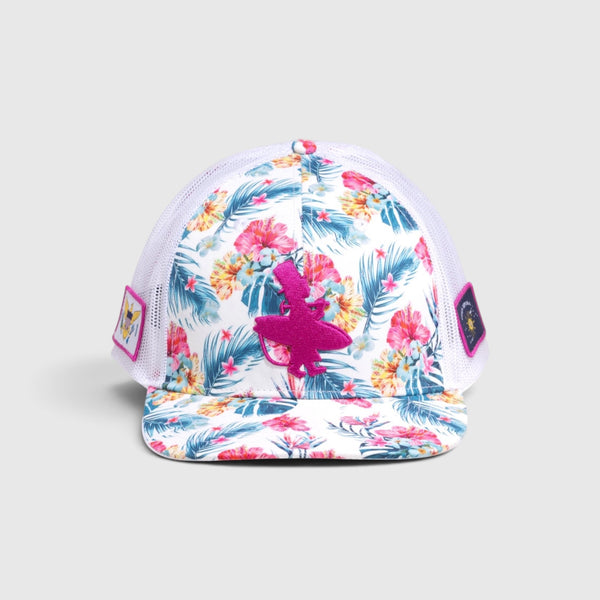 Lost Boy Creations Hokulea snapback hat with Hawaiian floral print, white mesh back, and pink embroidered logo