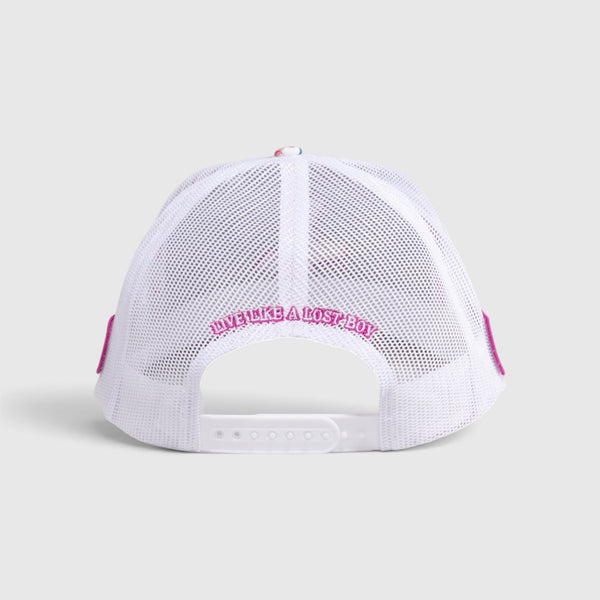 Lost Boy Creations Hokulea white mesh snapback hat with pink Live Like a Lost Boy embroidery on the back