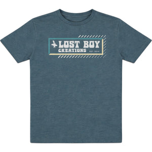 Kid's Lost Boy Explorer Tee indigo front view with screen-printed Lost Boy Creations Est. 2014 logo graphic | Lost Boy Creations Key West