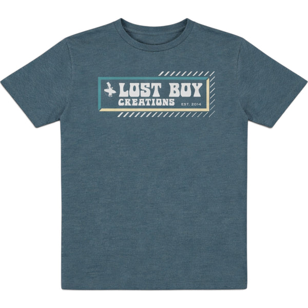 Kid's Lost Boy Explorer Tee indigo front view with screen-printed Lost Boy Creations Est. 2014 logo graphic | Lost Boy Creations Key West