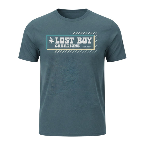 Kid's Lost Boy Explorer Tee indigo front flat lay with Lost Boy Creations Est. 2014 box logo graphic in teal and cream | Lost Boy Creations Key West