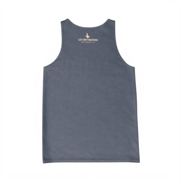Lost Boy Creations indigo blue sleeveless tank top with vintage logo graphic between shoulder blades