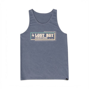 Lost Boy Creations indigo blue cotton tank top with vintage-inspired rectangular graphic on the front chest
