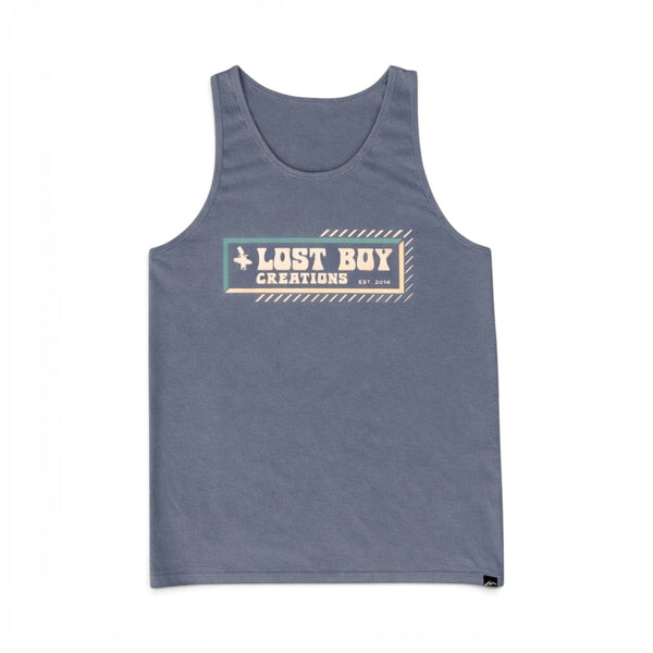 Lost Boy Creations indigo blue cotton tank top with vintage-inspired rectangular graphic on the front chest