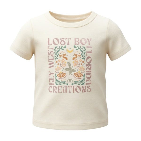 Kid's Day Trippin Tee ivory petite fit front flat lay with mystical mushroom and moth graphic print | Lost Boy Creations Key West