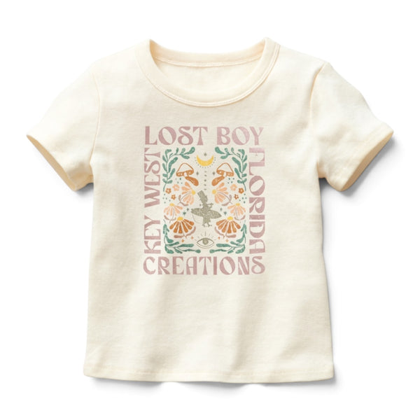 Kid's Day Trippin Tee ivory front view with mystical mushroom and moth graphic print | Lost Boy Creations Key West