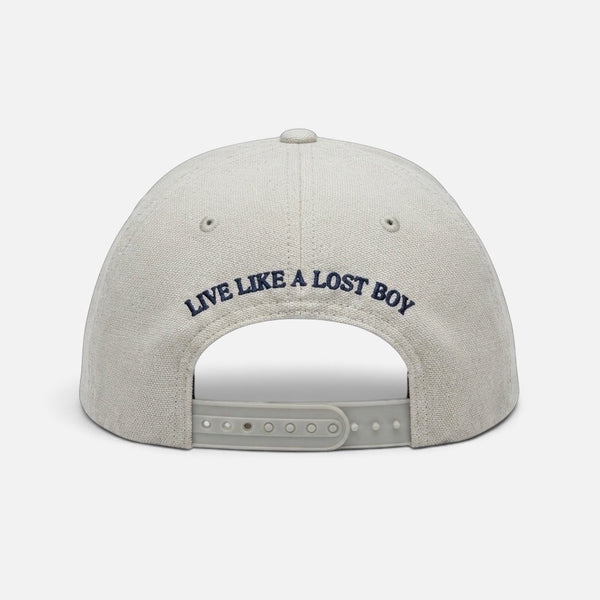 Vanilla Ice Hat in Ivory — back flat lay, Live Like A Lost Boy embroidery with snapback closure | Lost Boy Creations Key West