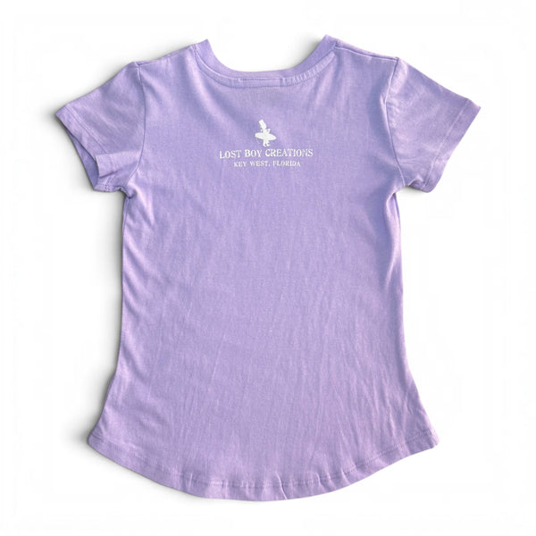 Kid's Lost Girl Tee in Lavender — back flat lay, white LBC logo graphic | Lost Boy Creations Key West