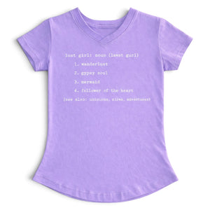 Kid's Lost Girl Tee in Lavender — front flat lay, white Lost Girl definition graphic | Lost Boy Creations Key West