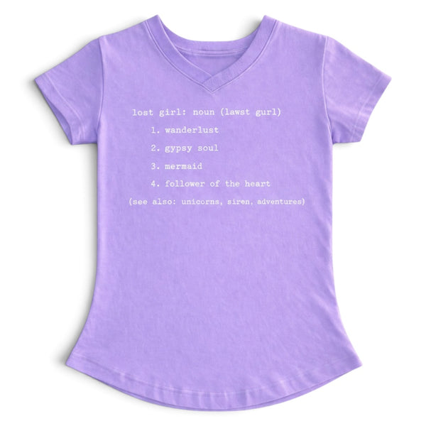 Kid's Lost Girl Tee in Lavender — front flat lay, white Lost Girl definition graphic | Lost Boy Creations Key West