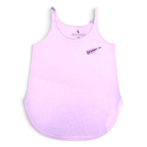 Lost Boy Creations lavender tank top with a small message-in-a-bottle graphic on the front chest, scoop neck design.