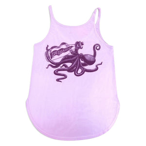 Lost Boy Creations lavender tank top with a tonal octopus and message-in-a-bottle graphic, featuring a scoop neck.