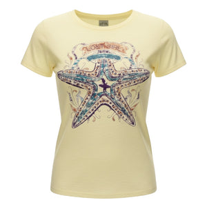 Women's Lost Girl Starfish Tee lemon yellow tee front view on model form showing full vintage starfish graphic with Lost Girl banner | Lost Boy Creations Key West