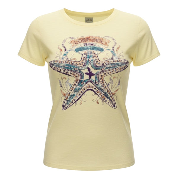 Women's Lost Girl Starfish Tee lemon yellow tee front view on model form showing full vintage starfish graphic with Lost Girl banner | Lost Boy Creations Key West