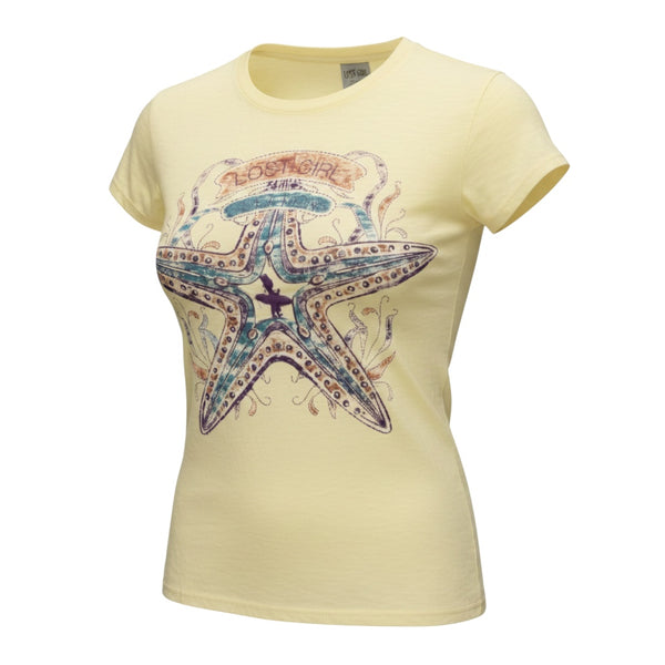 Women's Lost Girl Starfish Tee lemon yellow tee three-quarter angle view showing vintage starfish graphic with teal coral and purple detail | Lost Boy Creations Key West