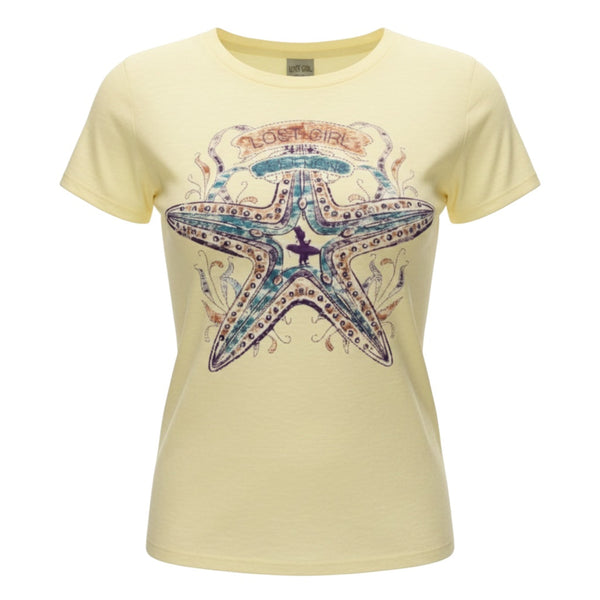 Women's Lost Girl Starfish Tee lemon yellow tee front view on model form showing full vintage starfish graphic with Lost Girl banner | Lost Boy Creations Key West
