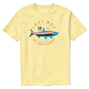 Lost Boy Creations lemon yellow crew neck t-shirt featuring a graphic of a tarpon fish on the chest.