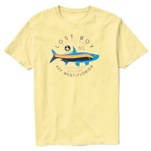 Lost Boy Creations lemon yellow crew neck t-shirt featuring a graphic of a tarpon fish on the chest.