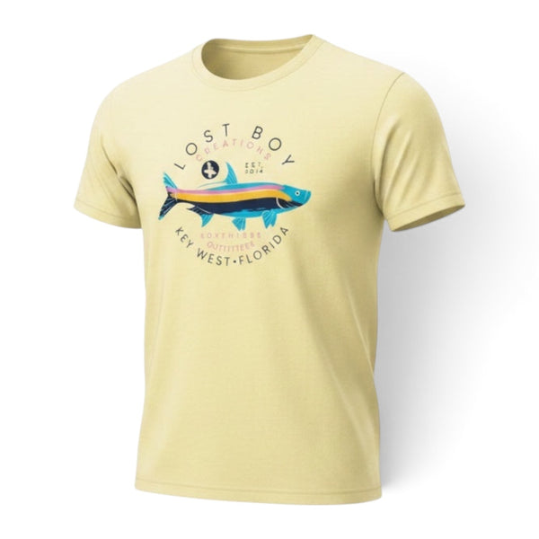 Lost Boy Creations lemon yellow short-sleeve cotton t-shirt featuring a colorful Silver King tarpon graphic