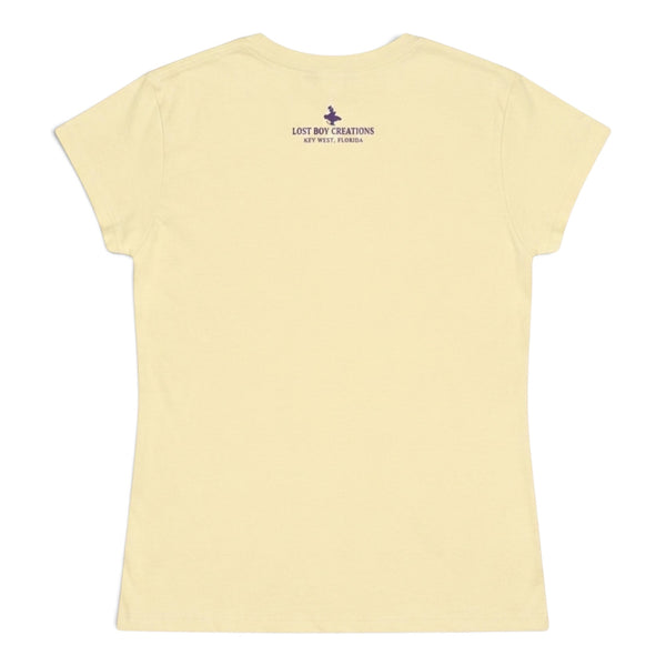 Women's Lost Girl Starfish Tee in Lemon — back flat lay, small LBC logo at nape of neck | Lost Boy Creations Key West
