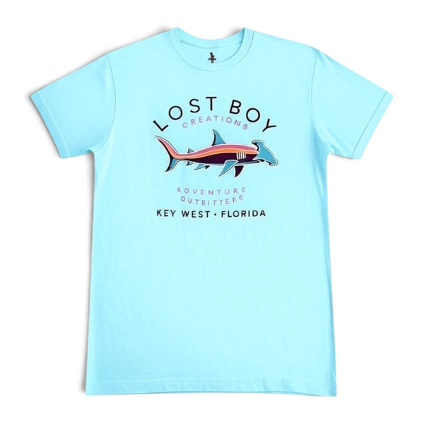 Lost Boy Creations light blue crew neck t-shirt featuring a colorful hammerhead shark graphic and Key West text.