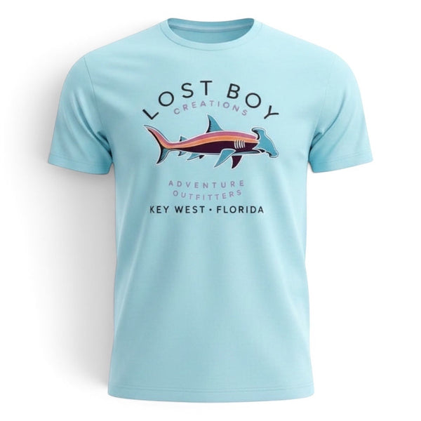 Men's Hammerhead Tee in Light Blue — front flat lay, colorful hammerhead shark graphic on chest | Lost Boy Creations Key West