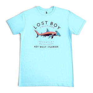 Men's Hammerhead Tee in Light Blue — front view, colorful hammerhead shark graphic on chest | Lost Boy Creations Key West