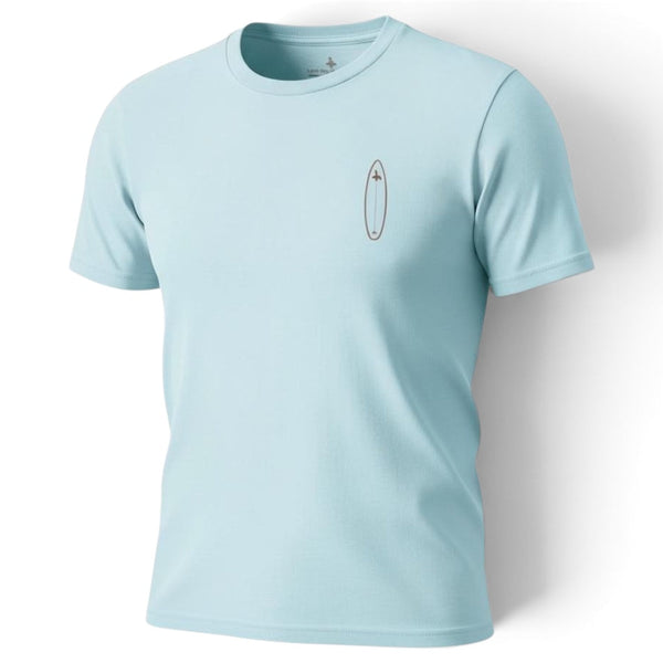 Men's Bronco Tee 2.0 light blue ghost mannequin front view with small surfboard logo graphic on left chest | Lost Boy Creations Key West