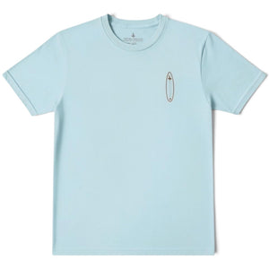 Men's Bronco Tee 2.0 light blue front flat lay with small surfboard logo graphic on left chest | Lost Boy Creations Key West