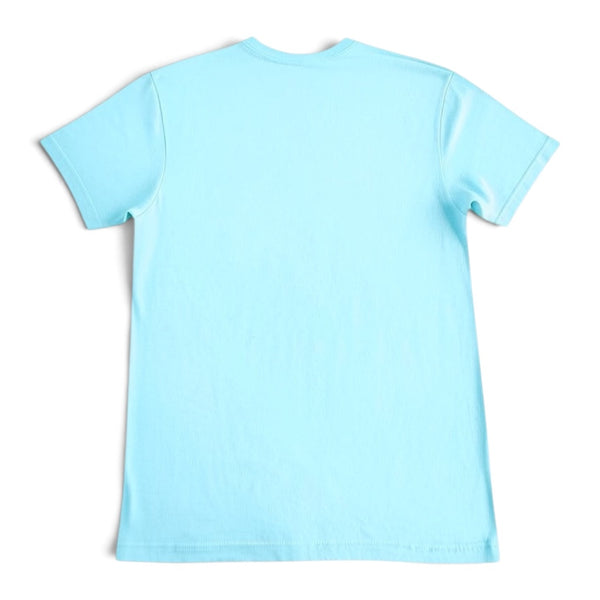 Back view of a light blue Lost Boy Creations Hammerhead Tee made from lightweight cotton fabric.