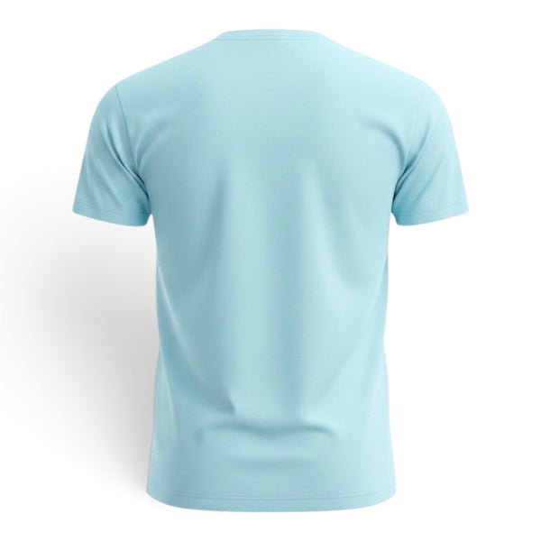 Back view of a light blue Lost Boy Creations Hammerhead Tee made from lightweight fabric for coastal wear.