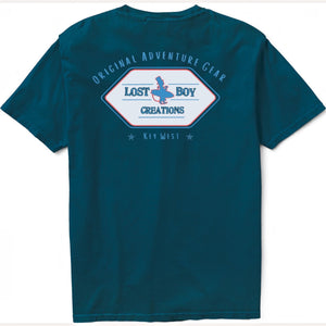 Men's Original Adventure Gear Tee in Marine Blue — back flat lay, Original Adventure Gear graphic | Lost Boy Creations Key West