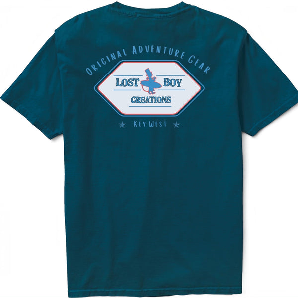 Men's Original Adventure Gear Tee in Marine Blue — back flat lay, Original Adventure Gear graphic | Lost Boy Creations Key West