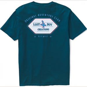 Lost Boy Creations marine blue cotton crew neck t-shirt with Original Adventure Gear graphic on the back