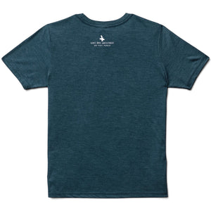 Back view of Lost Boy Creations marine blue tri-blend crew neck t-shirt with small white logo on the nape