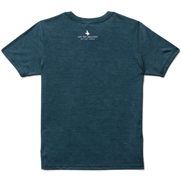 Back view of Lost Boy Creations marine blue tri-blend crew neck t-shirt with small white logo on the nape