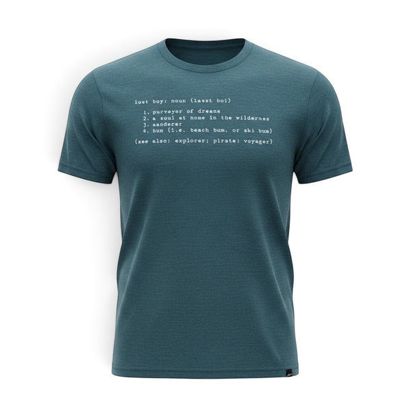 Lost Boy Creations marine blue tri-blend crew neck t-shirt with a white screen-printed Lost Boy definition graphic.