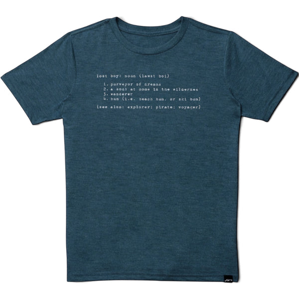 Lost Boy Creations marine blue tri-blend crew neck t-shirt with white screen-printed Lost Boy definition graphic