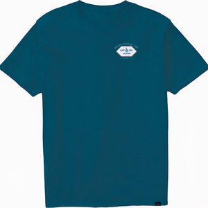 Lost Boy Creations marine blue crew neck t-shirt with small Original Adventure Gear logo on the left chest