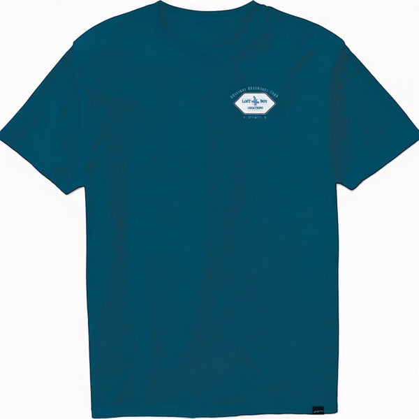 Men's Original Adventure Gear Tee in Marine Blue — front flat lay, small Original Adventure Gear logo on chest | Lost Boy Creations Key West