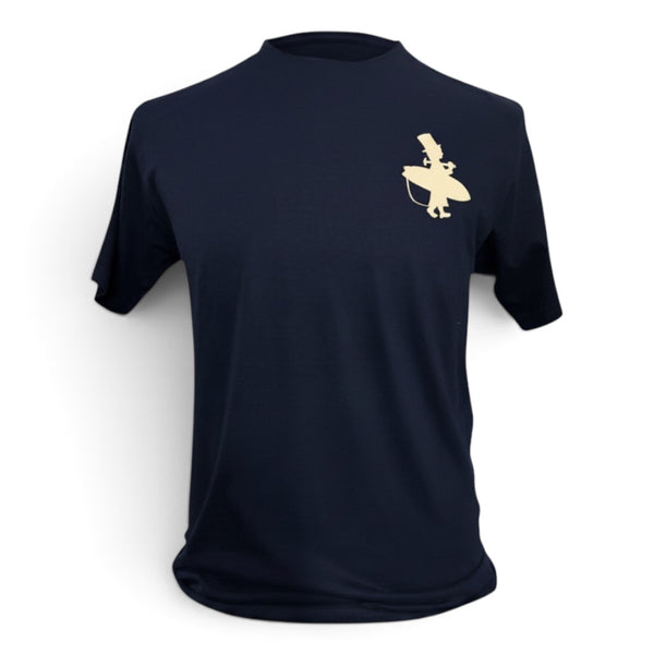 Lost Boy Creations midnight navy cotton t-shirt featuring a small cream-colored surfer graphic on the chest