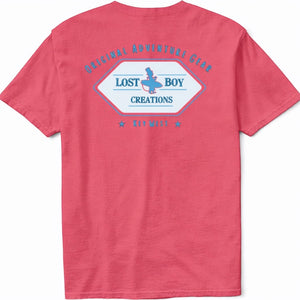 Men's Original Adventure Gear Tee in Nantucket Red — back flat lay, Original Adventure Gear graphic | Lost Boy Creations Key West