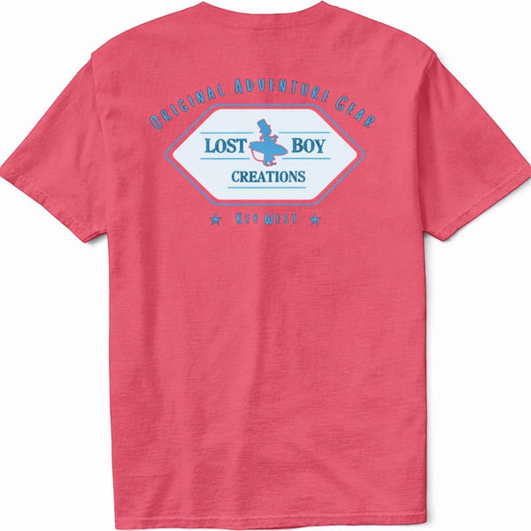 Men's Original Adventure Gear Tee in Nantucket Red — back flat lay, Original Adventure Gear graphic | Lost Boy Creations Key West