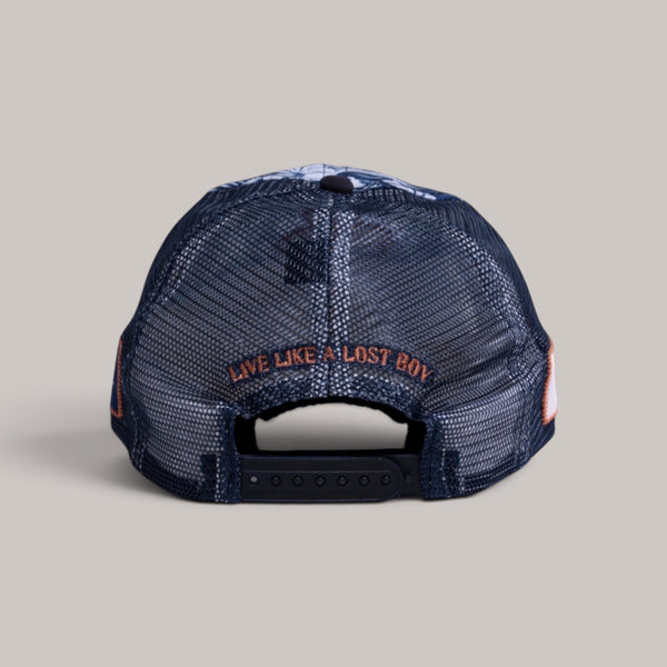 Lost Boy Creations Lei'd Back navy floral mesh snapback hat seen from the back with Live Like a Lost Boy embroidery
