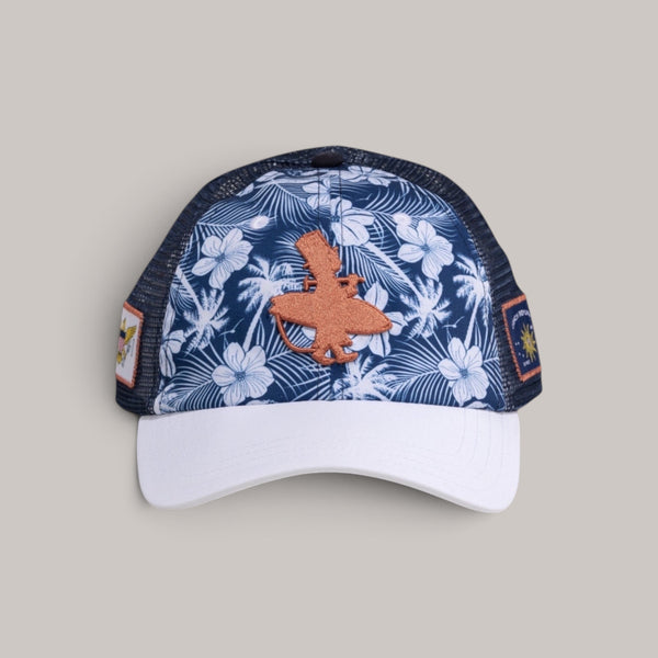 Lost Boy Creations Lei'd Back navy floral snapback hat with a white brim and orange embroidered logo