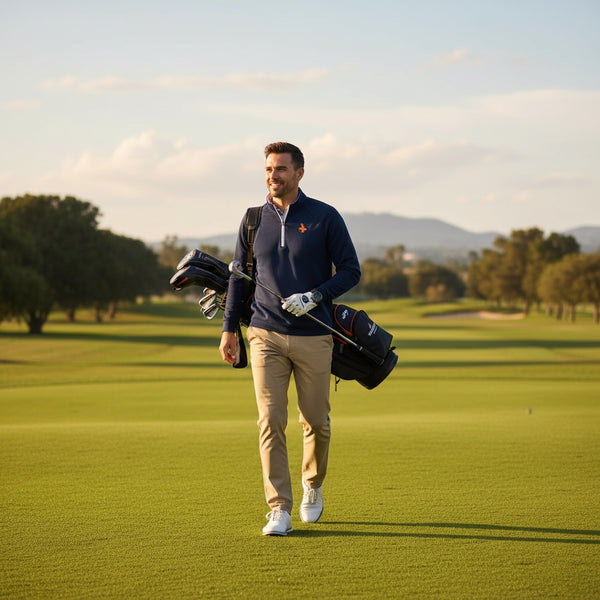 LBC Golf 1/4 Zip navy lifestyle shot worn by man walking golf course fairway carrying bag with orange Lost Boy surfer logo visible on chest | Lost Boy Creations Key West