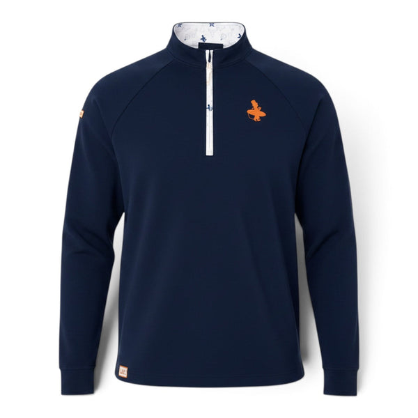 LBC Golf 1/4 Zip navy ghost mannequin front view with orange Lost Boy surfer logo on chest and Key West vibe patterned inner collar detail | Lost Boy Creations Key West