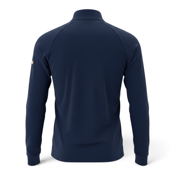 LBC Golf 1/4 Zip navy ghost mannequin back view showing clean solid navy performance fabric and orange LBC patch on left sleeve | Lost Boy Creations Key West