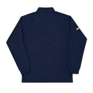 LBC Golf 1/4 Zip navy back flat lay with clean solid navy performance fabric and orange LBC patch on left sleeve | Lost Boy Creations Key West